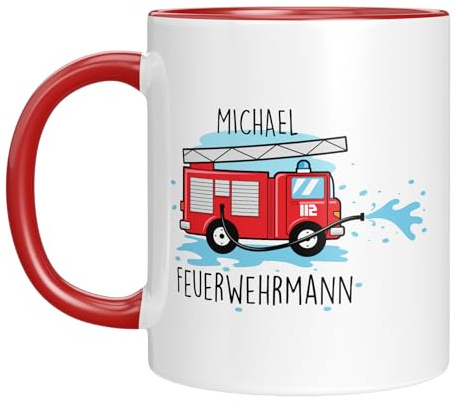 TassenTicker - Feuerwehr-Held - Personalisierbar mit Namen - Feuerwehrmann/frau - Motiv Löschfahrzeug - Geschenk - Feuerwehr Motiv - Morgenmuffel - Geschenkidee - Rot
