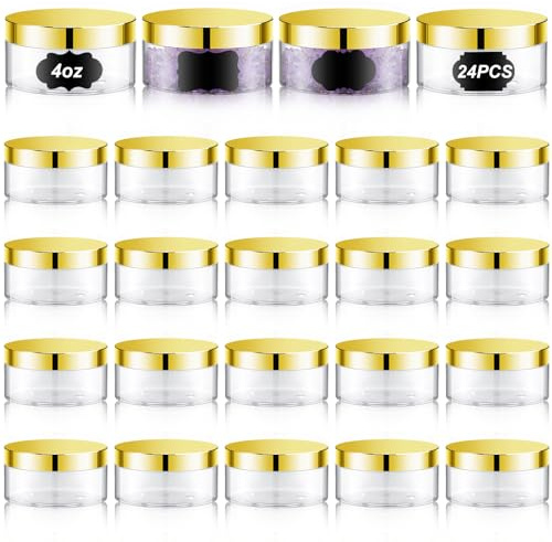 Dandat Lot de 24 pots cosmétiques vides en plastique PET anti-fuite avec couvercle et étiquette, pots de rangement rechargeables pour lotion, crème, gel, poudre, pommade (transparent avec couvercle