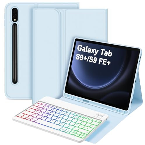 Bettdow für Samsung Galaxy Tab S10+/S10 Plus Tastatur Hülle, QWERTZ Layout Abnehmbarer Beleuchtete Tastatur mit Hülle für Tab S10+/S9+/S9 Plus/S9 FE+/S9 FE Plus 12.4 Zoll, Blau