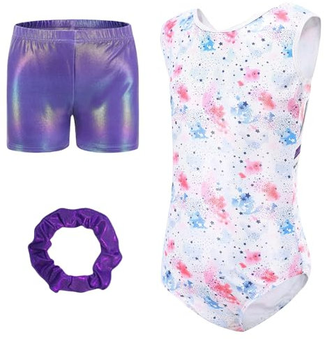 Kinder Mädchen Glänzende Gymnastik Trikot Tanzoutfit Einteiler Jumpsuit Mädchen Kinder Strass Langä Gymnastikanzug Turnanzug mit Shorts Haargummis Gymnastik Set