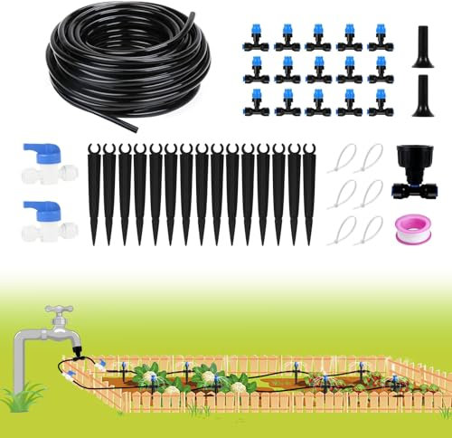 Depel Drip Irrigation Kit,49ft Quick Connect Garden Watering System Raised Bed Watering System Automatic Irrigation System with 1/4Tubing, Sprinkler Nozzles for Greenhouse Patio Plants