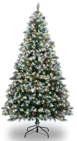 Albero di Natale Artificiale, 6ft/180cm alberi di Natale con 1000 punte, Pigne e Bacche Rosse, 200 Luci, Decorazione di Festival di Vacanza Indoor