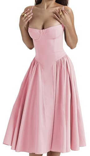 EFOFEI Femme Robe Plissée Fleurie Fluide Ourlet Plissé Robe De Bal Unicolore Imprimé Bustier Rose S