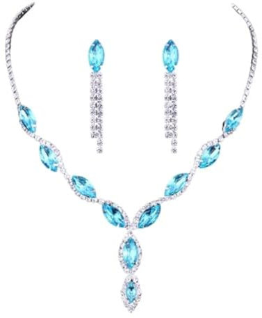 Faruodis Kristall Hochzeit Halskette Ohrringe Set Braut Strass Anhänger Halskette Sets Marquise Kette Schmuck für Frauen Damen (Blau)