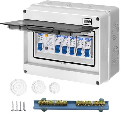 CHENGPI Boîte Coffret Electrique Etanche,Boîtier de Distribution avec Rangée de Cuivre,Disjoncteurs électriques 63A CA,Sectionneur 2x10A+16A+20A+32A CA pour Maison/Bureau,Montage sur Rail 35mm