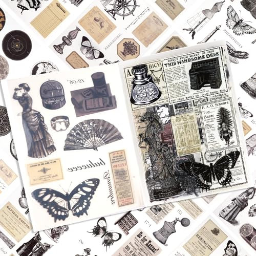 Scrapbooking Sticker, 168 Stück/20 Blatt Scrapbook Stickers, PET Scrapbooking Aufkleber, Vintage Scrapbook Zubehör für Journaling Bullet Kalender Notizbuch Fotoalbum DIY Dekoration (schwarze Serie)