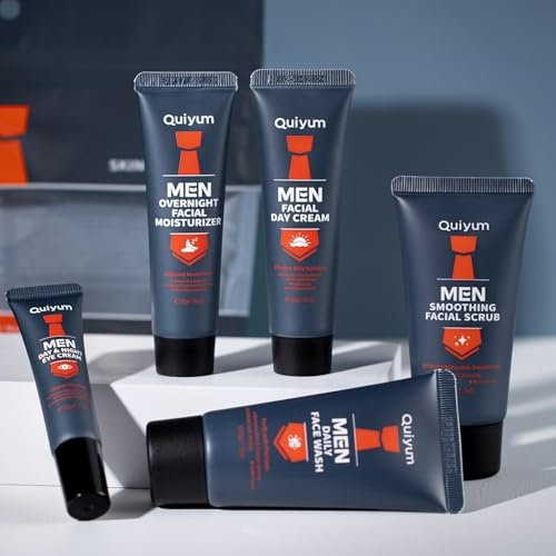 QUIYUM Kit de Cuidado para la Piel Hombre, Cuidado Facial Kit, Kit Hidratante Cara,5 piezascon Limpiador, Crema para los ojos, Exfoliante Facial y Crema Facial