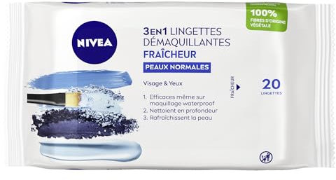 Nivea Abschminktücher Frische normale Haut, 100 % pflanzliche Fasern (1 x 20 Stück), Make-up-Entferner für Gesicht, Augen & Lippen, Reinigungstücher mit heiligem Lotus