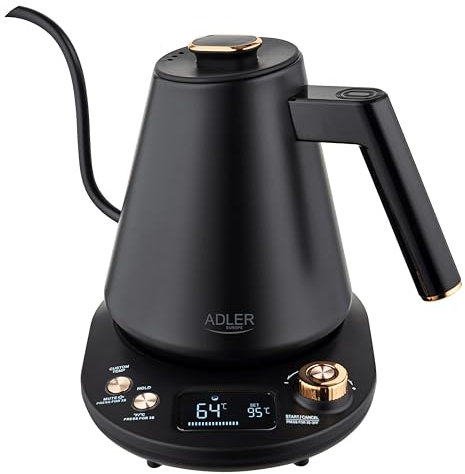ADLER EUROPE AD 1349 Wasserkocher 1L – Schwarz-Gold, LED-Temperaturanzeige, 900W, Temperaturregulierung 40-100°C, Warmhaltefunktion, Sicherheitsabschaltung, 360° Basis, Edelstahl-Heizelement