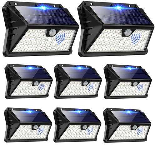 OUILA Solarlampen für Außen Wand【8 Stück】, 185 LED 3 Modi Solar Aussenleuchte mit Bewegungsmelder, IP65 Wasserdichte LED Solar Wandleuchte, Garten, Hof, Zaunbeleuchtung, Haustüren(Kaltes Weiß)