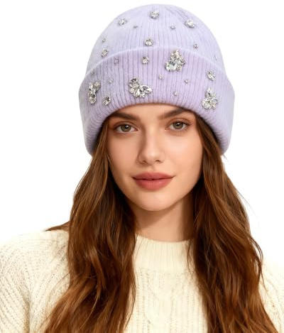 BOLLEY JOSS Damen-Wintermütze, glitzernde Kristall-Strass-Bündchen, Strickmütze, Helles Violett, Einheitsgröße