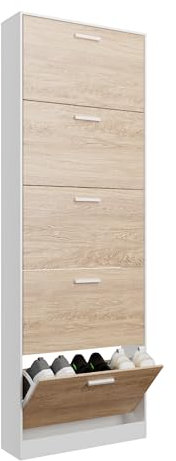 Casabel - Mueble de almacenamiento para zapatos, 15 pares, gran capacidad, ideal para la entrada, 60 x 17 x 180 cm, puertas de madera clara, marco blanco