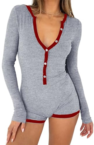 LACOZY Barboteuse à manches longues pour femme avec col en V - Combinaison une pièce - Pyjama Y2k - Yoga et gym
