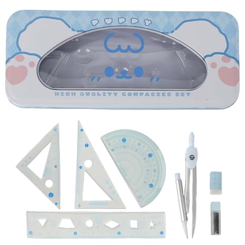 MHwan Geometrie Set, 7 Stück Niedlich, Robuste und Langlebige Schale, ein hochwertiges Geometrie-Set für die Sekundarschule, das bei Kindern beliebt ist, Zirkel Winkelmesser Lineal Set