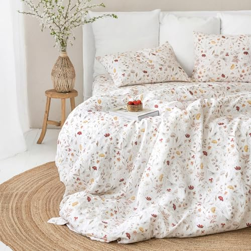 Freyamy Blumen Bettwäsche 135x200 2tlg Chic Botanisches Aesthetic Weiß | ÖKO-TEX Bettbezug Gewaschener Mikrofaser Bettwäsche-Set, 1 Bettbezug mit Reißverschluss und 1 Kissenbezug 80x80cm