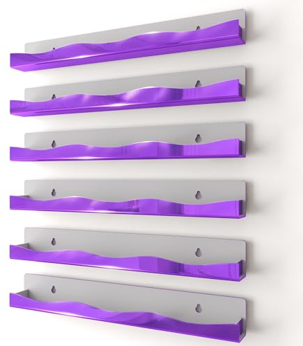 Wall-Mounted Nail Polish Organizer Rack - 15-Inch Mirror Purple Finish Nail Polish Shelf, Makeup & Beauty Essentials Storage - Multi-Purpose Display Holder for Small Space, Vanity Bathroom, 6 Pack