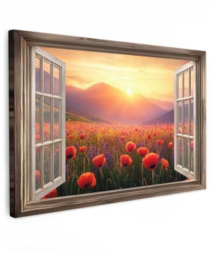 MuchoWow© Leinwand Groß 120x80 cm XXL Deko Schlafzimmer Aesthetic Leinwandbilder Wohnzimmer Gemälde Foto Geschenk Living Room Decoration Fensterblick - Mohn - Blumen - Rot - Offenes Fenster