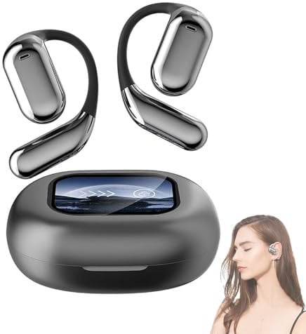 Gradientiscolor Open Ear, True Powerful Bluetooth 5.4 Open Ear Earbuds, Ipx5 Waterproof, Intelligent Touch Screen Open Bluetooth Earphones with LED Display (Black)
