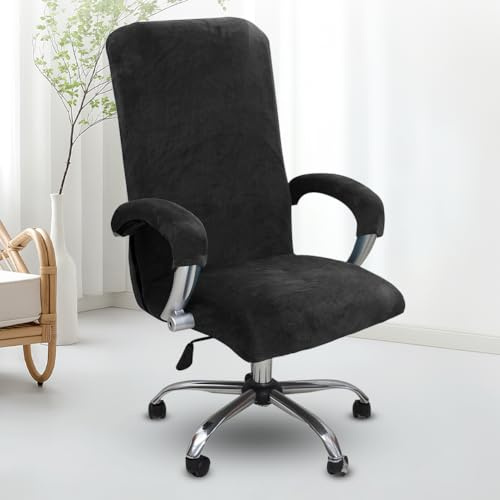 Bürostuhl Bezug Samt mit Armlehne, Stretch Stuhlhusse für Drehstuhl & Gaming Stuhl Bezug, Abnehmbarer Waschbarer Stuhlüberzug für Bürostuhl, Sessel, Computerstuhl, Office Chair Cover Schwarz (XL)
