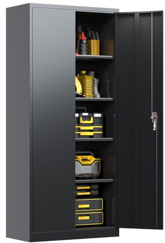 kavey Aktenschrank, Mehrzweckschrank, Büroschrank mit 4 Abnehmbaren Einlegeböden, Aktenschrank abschließbar für Lagerhaus, Garage, Zuhause, 180 x 80 x 40 cm, Schwarz