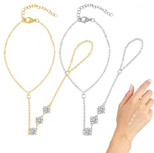 MFCGHXR Goldene Handkette mit Ring & Armband Set für Damen, 17 cm + 5 cm Verlängerungskette, glänzende Metallsteine, Elegantes Design, für besondere Anlässe – Gold & Silber