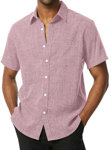 PARKLEES Chemise boutonnée à manches courtes pour homme - En lin texturé - Décontractée - Vacances - Plage - Été