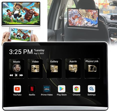Car Headrest Video Player, 1080P HD IPS-Touchscreen, 8K-Video, 3 GB + 32 GB – Android 11, unterstützt WLAN/Bluetooth/USB/SD/HDMI-Eingang/HDMI-Ausgang/FM/Mirror Link/Miracast,14in