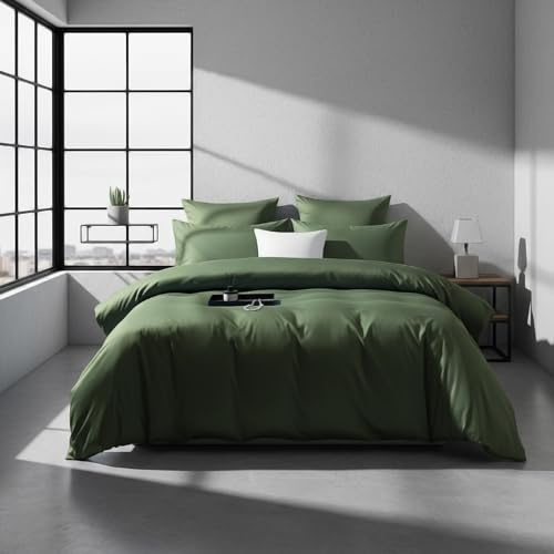 DXHOME Mako Satin Bettwäsche 200x200 Grün Dunkelgrün Uni Baumwolle Lyocell Seide 300TC Öko-Tex 100 Bettwäsche mit Reißverschluss und 2 Kissenbezüge 80x80 cm