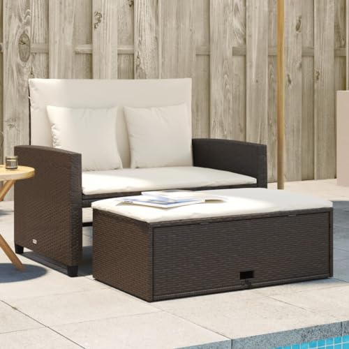 Teenpull Gartensofa 2-Sitzer mit Kissen, braunem Poly Rattan, ausziehbar zum Tagesbett, wetterfest für Terrasse, Balkon, Gartenmöbel Set mit Stauraum
