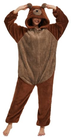 Festlicher Damen Schlafanzug Tier Onesie mit Reißverschlüsse Kuscheloverall Unisex Flauschig Ganzkörper Pyjama Plüsch Tierkostüm Einteiler Partyoutfit Geschenk für sie und ihn(Braunbär,L)
