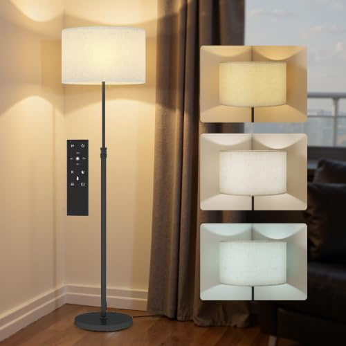 HOMCOM Floor Lamp with Remote, Height Adjustable, Linen Shade, Black | Standing Lamp, Dimmable, 3000K-6000K Adjustable Colour Temperatures, Foot Switch, Living Room, Bedroom, Office