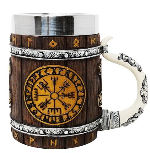 MystiCalls XL Wikingerkrug mit nordischen Kompass 0,5l Fassungsvolumen Krug Bierkrug Met Wikinger