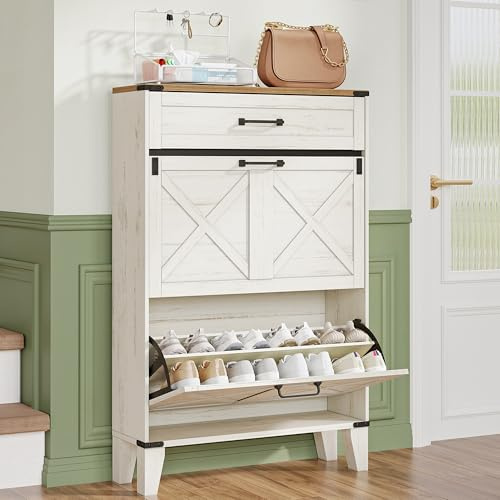 Hzuaneri Schmal Schuhschrank mit 2 Klappen, 1 Große Schublade, 16 Paar | Schuhkipper, Verstellbar, Schuhaufbewahrung für Eingang, Flur, Garderobe, 24 x 76 x 117 cm, Braun und Weiß SR59014X