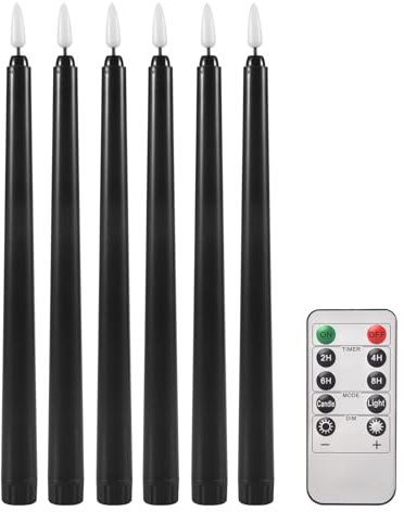 Plomevry 6Pcs Flameless Black Taper Candles Flickering with 10-Key Remote Timer, Battery Operated LED Candlesticks Window Candles