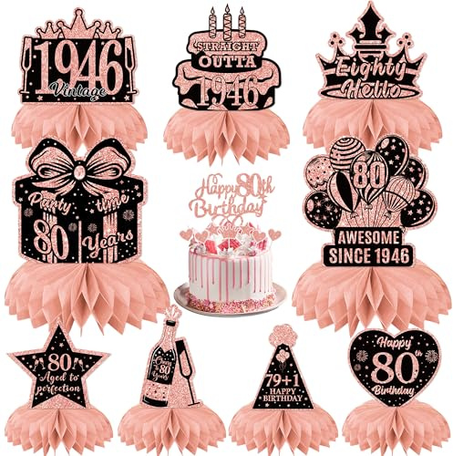 80th Birthday Party Table Decorations - Rose Gold Vintage 1946 Honeycomb Centrepieces and Cake Toppers, 17 Pcs Happy 80th Birthday Table Decorations for Women