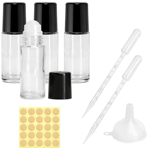 GZRXIOUS 30ml Lot de 4 Flacons Roll on Vides en Verre – Flacons Roll on pour Huiles Essentielles avec Bille, Rechargeables, avec Pipettes, Entonnoir et Autocollants pour Aromathérapie, Parfumet Huiles