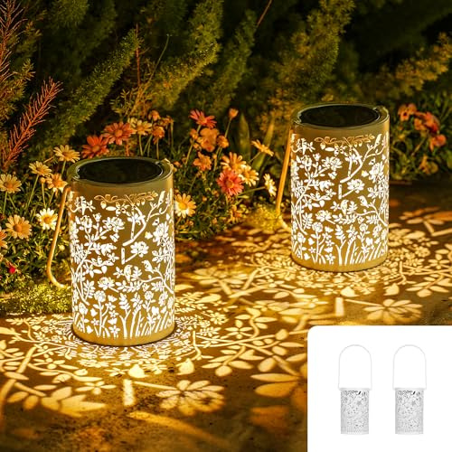 Görvitor 2 Stück Solarlaterne für Außen, Vogel & Blumen Solar Laterne IP65 Wasserdicht, Metall Solarlampen für Außen Hängend/Stehend für Balkon Terrasse Gartendeko Geschenke für Frauen Mama (Weiß)