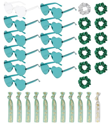 TAKONE JGA Sonnenbrillen Set – 11 Herzsonnenbrillen Scrunchies Armbänder | 33-teiliges JGA Accessoires Set, Herzsonnenbrillen Scrunchies Armbänder, Team Bride Look