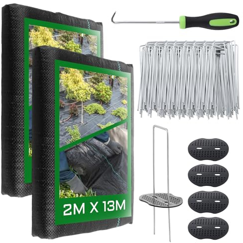 LOLYSIC 2PCS Weed Control Membrane 2m x 13m with 20 U Pins & Buffer Washers, Heavy Duty Weed Barrier Fabric, Weeds Suppressant Ground Cover for Garden Patio Lawn Landscape Artificial Grass Path