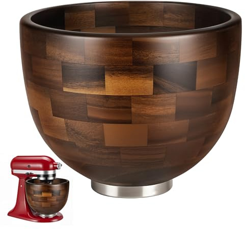 Premium Walnut Wood Mixing Bowl, Compatible with KitchenAid 4.5 & 5 QT Tilt-Head Mixers, Natural True Walnut Wooden Bowl with Stainless Steel Locking Base, 5QT