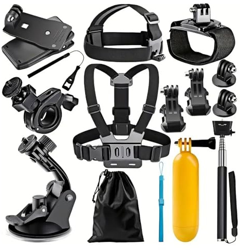 Techsuit GoPro Zubehör Set 15in1 mit Tragetasche, Selfie Stick 95cm, Brust Kopf Handgelenk Halterung, Schwimmender Griff, Auto Saugnapf Halterung, für GoPro Hero SJCAM DJI Action Kamera, Schwarz