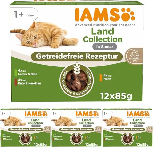 IAMS Delights Land Collection Katzenfutter Nass Getreidefrei - Multipack mit Fleisch Sorten in Sauce, getreidefreies Nassfutter für Katzen ab 1 Jahr, 12 x 85g (Packung mit 4)