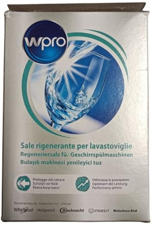 Whirlpool Regenererande salt WPRO avkalkningsmedel för diskmaskin, 1 kg, pulver, parfymfritt, diskmedelsmedel, rengör fläckar orsakade av hårt vatten, skydda maskinen