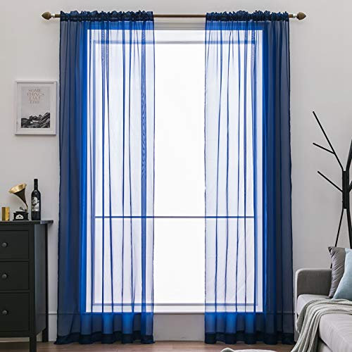 MIULEE 2er Set Voile Vorhang Transparente Gardine aus Voile Polyester Stangendurchzug Transparent Wohnzimmer Luftig Dekoschal für Schlafzimmer Dunkelblau 225 x 140cm (H x B), Rod Pocket