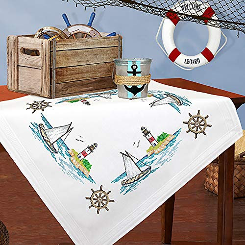 KAMACA Stickpackung Kreuzstich vorgezeichnet Baumwolle komplettes Stickset mit Stickvorlage Stickerei-Kit zum Selbersticken Erwachsene (Segelboot und Leuchtturm MD 80x80 cm)