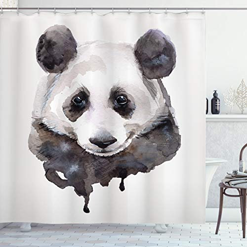 ABAKUHAUS Tier Duschvorhang, Aquarell-Panda-Bär, Stoffliches Gewebe Badezimmerdekorationsset mit Haken, 175 x 180 cm, Beige Weiß und Schwarz