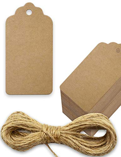 HOMETOOLS.EU® 100 Kraftpapier Geschenk-Anhänger Beschriftung mit 5m Jute-Schnur, natur