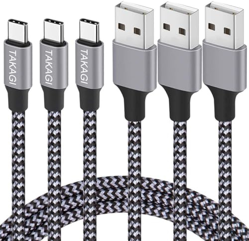 TAKAGI USB to USB C Cable (3Pack 6ft) USB A to Type C Cable Fast Charging Nylon Braided Data Sync Transfer Cord USB C Charger for iPhone 17 Pro Max/17 Air/16e/16 15 Pro/15 Plus/Galaxy S20 S10 Note 20