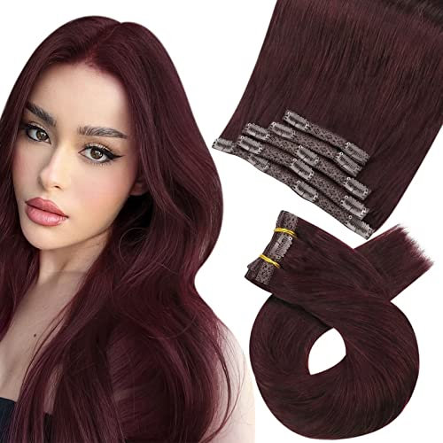 Moresoo Clip in Extensions Echthaar, Salon Qualität Weiches Glattes Haar 25 cm 5 Stück 80g Extensions Clip in #99J Weinrot, Leicht zu Tragen Solide und Langlebig