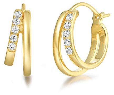 Creolen Ohrringe Breite Huggie aus 925 Sterling Silber mit Gelb Gold Plattiert mit Funkelnd Zirkonia Schmuck für Damen Frauen Mädchen - Durchmesser: 18 mm, Breite 7 mm